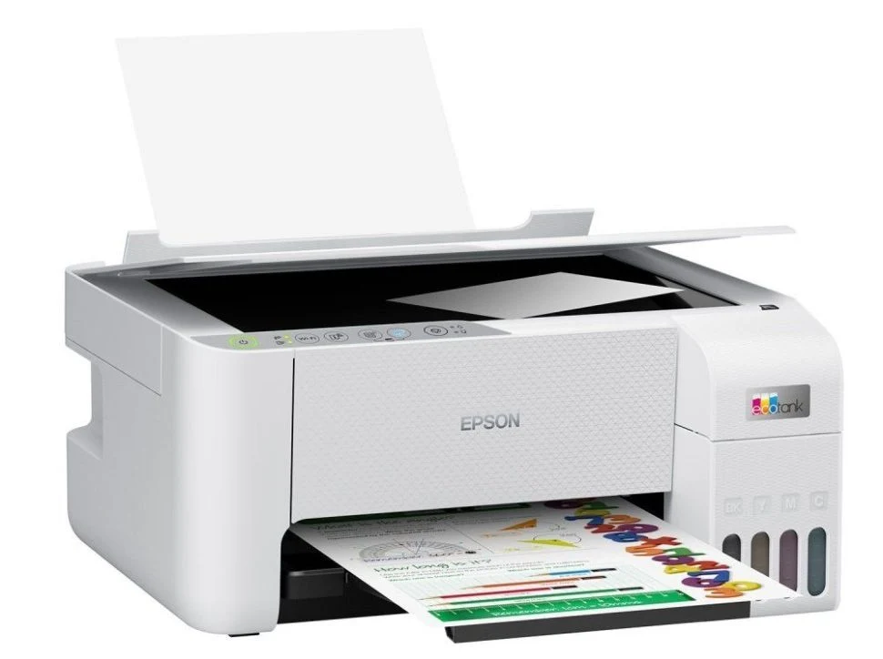 Белое МФУ Epson EcoTank L3256 с открытой крышкой сканера